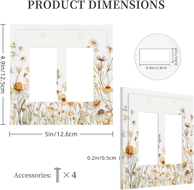 Yellow White Daisy Floral Bee Wild Flower Decorative Outlet Covers 2 Gang Double GFCI Rocker Electrical Wall Panels Light Switch Cover Plate for Bedroom Living Room Decor