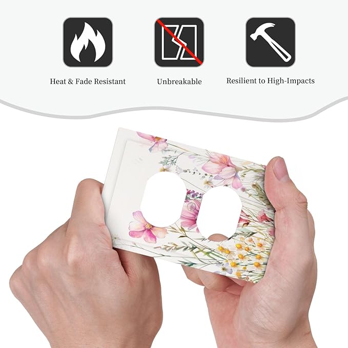 Pink Floral Wild Flowers Watercolor Plants Outlet Covers 1 Gang Duplex Light Switch Cover Decorative Switch Plates Electrical Receptacle Faceplate Wall Plate for Bedroom Living Room Decor