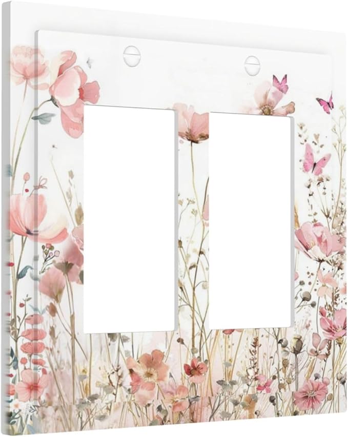 Boho Floral Watercolor Pink Wildflower Butterfly Decorative Outlet Covers 2 Gang Double GFCI Rocker Electrical Wall Panels Light Switch Cover Plate for Bedroom Living Room Decor