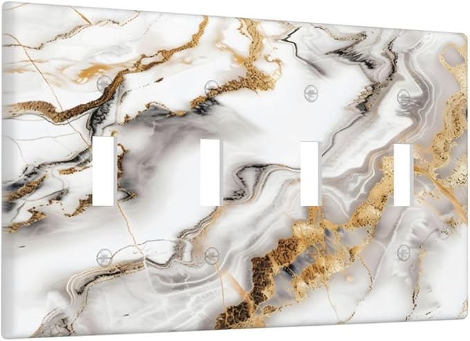 Luxurious Marble Abstract White Gold Tile Modern Simplicity Light Switch Covers Quad Toggle Electrical Faceplate 4 Gang Wall Plate Decorative Switch Plates Cover for Bathroom Kitchen Decor