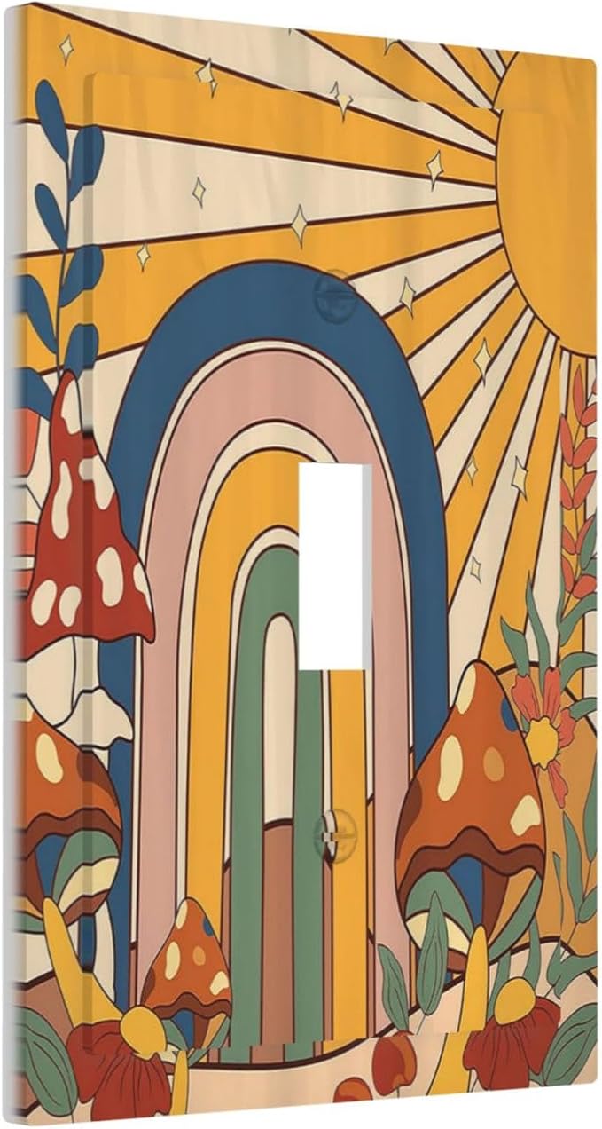 Decorative Light Switch Cover Mushroom Hippie Sun Rainbow Vintage Floral Funky Boho 1 Gang Single Toggle Decorator Outlet Wall Plate Device Electrical Faceplate Switchplates for Bedroom