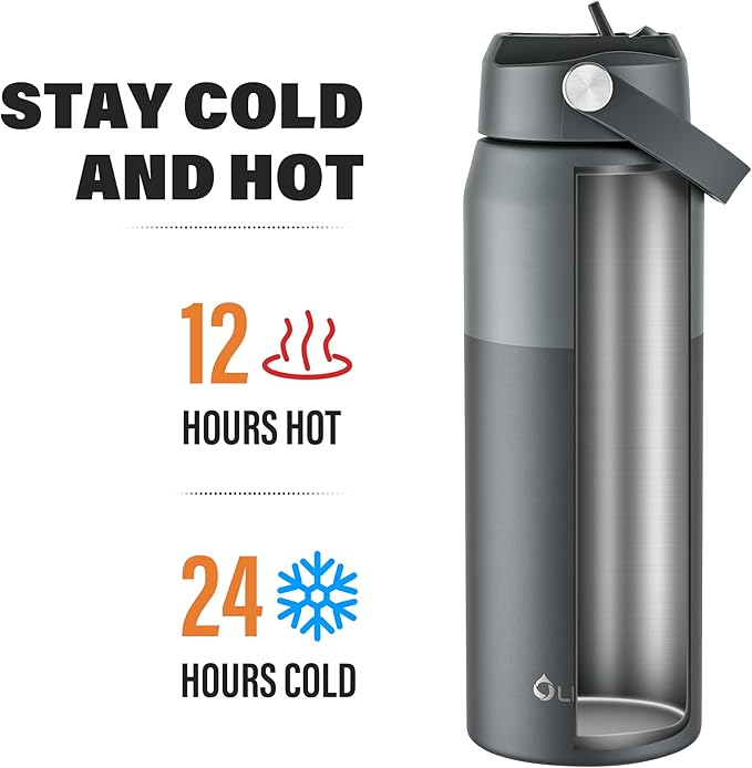 Oldley 24oz Insulated Water Bottle with Straw, Stainless Steel Water Bottle for Sports, Travel, School, BPA-Free Sports Bottles for Adult Kids, Leak-Proof, Cool-Deep Gray Layering