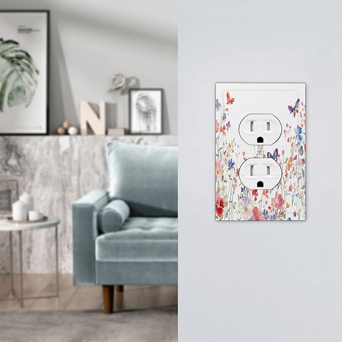 Colorful Flower Watercolor Floral Butterfly Bird Outlet Covers 1 Gang Duplex Light Switch Cover Decorative Switch Plates Electrical Receptacle Faceplate Wall Plate for Bedroom Living Room Decor