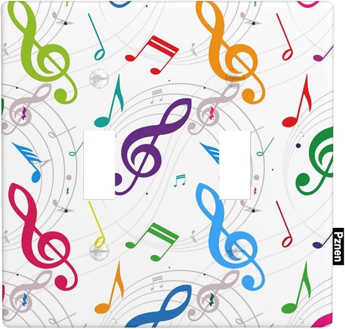 Colored Music Notes Double Toggle Light Switch Cover, Music Theme Artistic 2-Gang Wall Plate for Music Room Studio Home Bedroom Decor