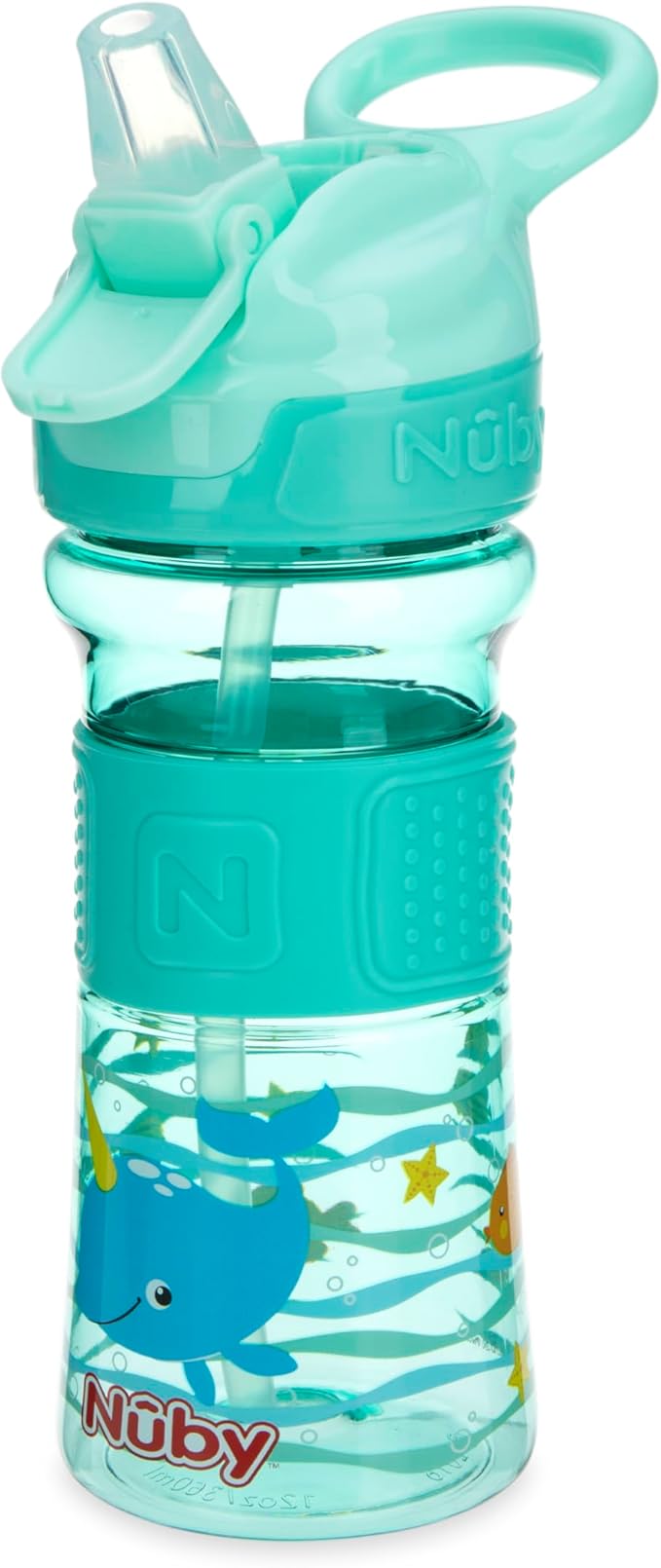 Nuby Thirsty Kids Push Button Flip-it Soft Spout on The Go Water Bottle with Easy Grip Band, 12oz, Narwahl