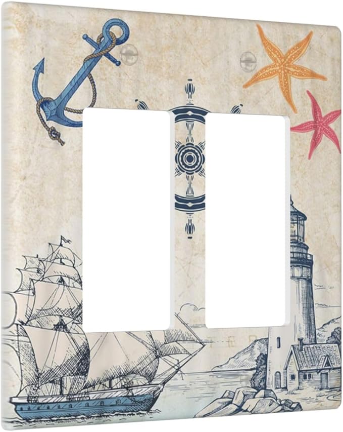 Nautical Sailboat Beach Anchor Pirate Beacon Ocean 2 Gang Rocker Decora Light Switch Covers Decorative Outlet Covers Wall Plate Electrical Faceplate Switchplate GFCI for Farmhouse Bedroom Decor