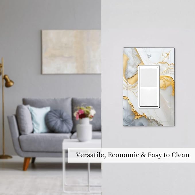 Exquisite White Gold Marble Abstract Luxurious Print Decorative Outlet Covers 1 Gang Single Rocker Light Switch Cover Plate Wall Plates GFCI Faceplate for Bathroom Kitchen Decor