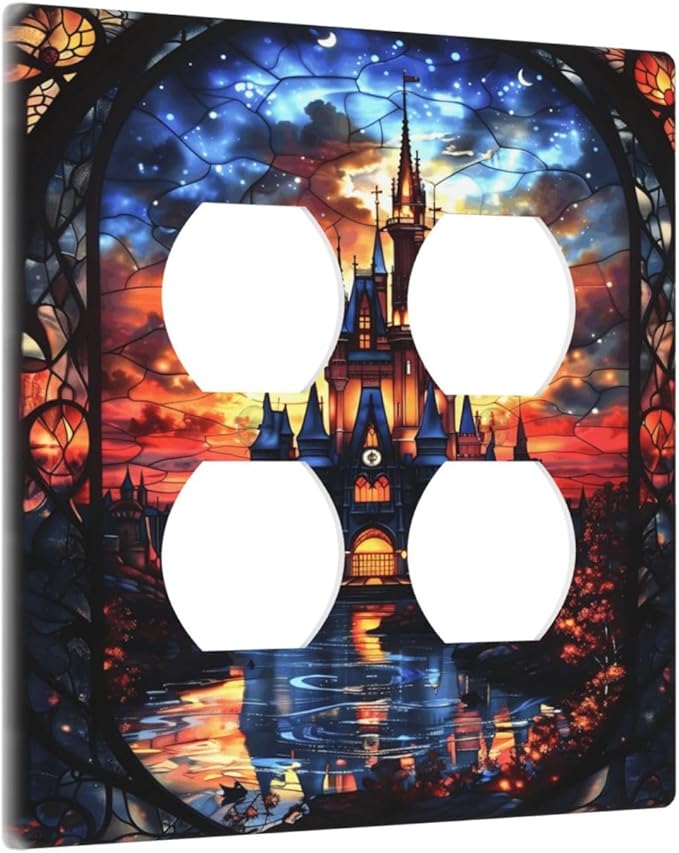 Medieval Fantasy Castle Magic Academy Outlet Covers 2 Gang Double Duplex Decorative Light Switch Covers Electrical Wallplates Socket Faceplate for Kids Room Bedroom Decor