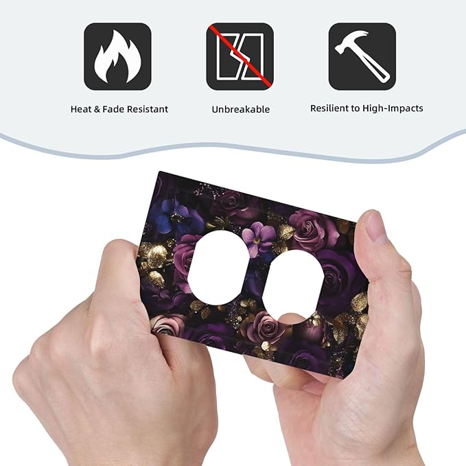 Decorative Outlet Covers with Luxurious Purple Roses Gold Accents Leaves Design 1 Gang Duplex Light Switch Cover Plate Unique Wall Plates Switchplate Cover for Romantic Bedroom/Living Room