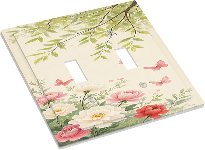 Decorative Switch Plates Garden Flowers Green Leaves And Butterflies 2 Gang Double Toggle Wall Plate Outlet Light Switch Cover Electrical Faceplate for Bedroom Cabin Decor
