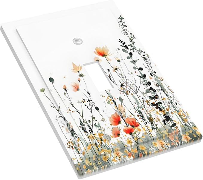 Vintage Country Style Watercolor Leaves Wildflowers Floral Decorative Light Switch Cover 1 Gang Single Toggle Device Electrical Faceplate Switchplates Decorator Outlet Wall Plate for Bedroom Home
