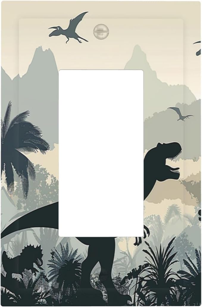 Decorative Outlet Covers Prehistoric World Dinosaur Cartoon Fores 1 Gang Single Rocker Light Switch Cover Plate Wall Plates GFCI Faceplate for Kids Room Nursery Decor