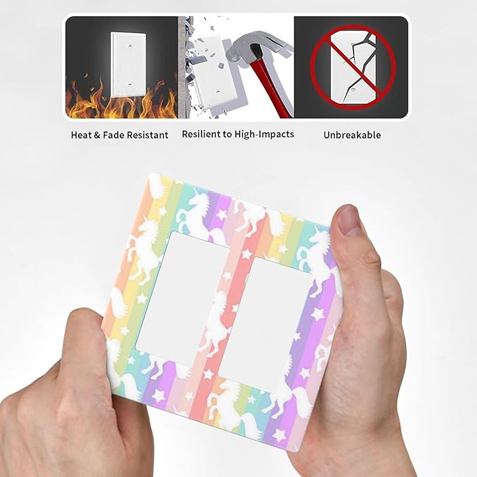 Colorful Kids Girl Cute Rainbow Purple Pink Yellow Stripes Unicorn 2 Gang Screwless Double Decorator/GFCI Wall Plate Rocker Outlet Light Switch Decorative Two Dual Device Receptacle Face Plate Cover