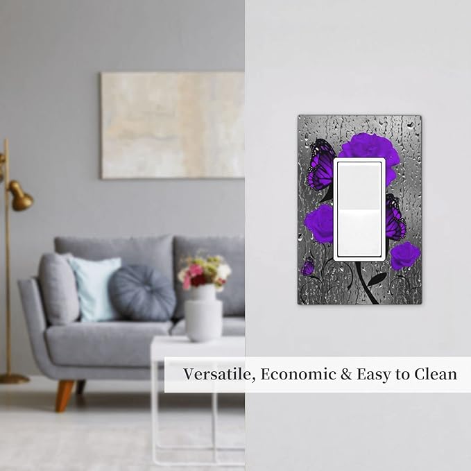Purple Rose Flower with Butterfly in Rainy Day 1 Gang Rocker/Decor Outlet Light Switch Wall Plate Cover Faceplate Decorative Floral Rose Faceplate Purple Rose and Butterfly Girls Bathroom Decorate