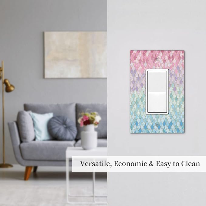 Colorful Mermaid Scales 1 Gang Rocker Light Switch Plate Cute Blue Single Decora Outlet Wall Cover Faceplate Decorative Wallplate for Bathroom Girls Bedroom Kids Baby Nursery Living Room Decorate