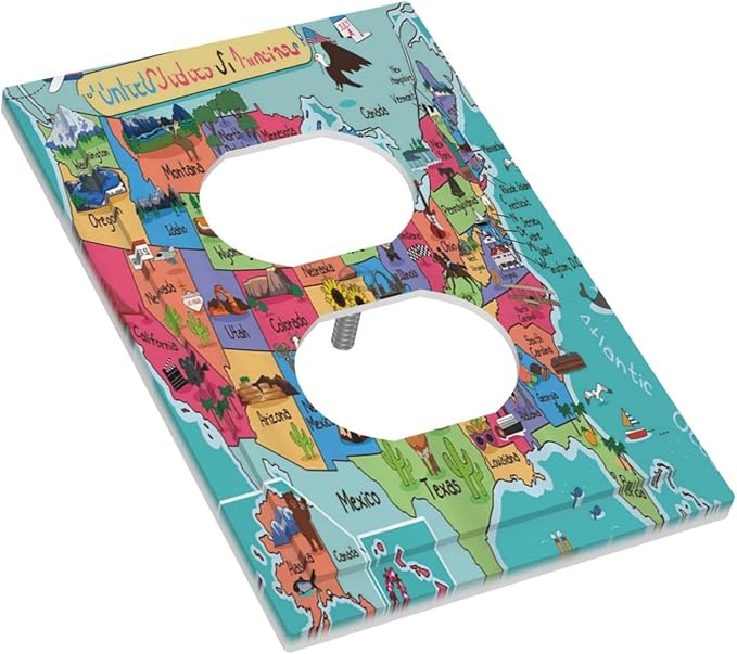 1 Gang Outlet Light Switch Covers Duplex Receptacle Device Plug Socket Wall Plate Turquoise USA Map Art Atlas Electrical Faceplate Switchplates Cartoon Fun Facts Geography American Map Room Decor