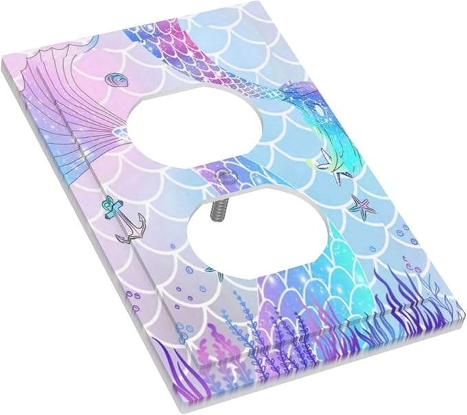 1 Gang Single Duplex Receptacle Outlet Cover Colorful Kid Girls Purple Pink Mermaid Tail Scales Starfish Electrical Wall Plate One Gang Dual Device Light Switch Faceplate Socket Plug Cover No Glitter