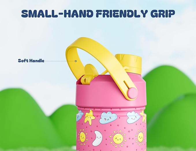 12 oz Kids Water Bottle for Girls: Leakproof, BPA-Free, Durable Straw Spout Lid, 24H Cold, Cute Patterns, Insulated Stainless Steel Cup with Carrier Bag for School, Trip, Camping, Daily (Sunny Dreams)