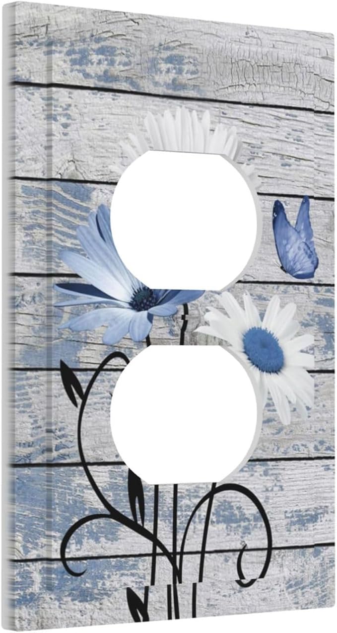 Blue White Daisy Flower Butterfly Rustic Wood Board Outlet Covers 1 Gang Duplex Light Switch Cover Decorative Switch Plates Electrical Receptacle Faceplate Wall Plate for Farmhouse Bedroom Decor
