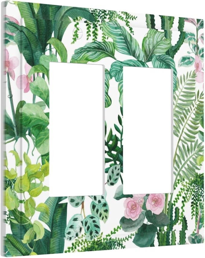 Tropical Palm Leaves Green Jungle Botanical Floral Flowers Decorative Outlet Covers 2 Gang Double GFCI Rocker Electrical Wall Panels Light Switch Cover Plate for Bedroom Living Room Decor