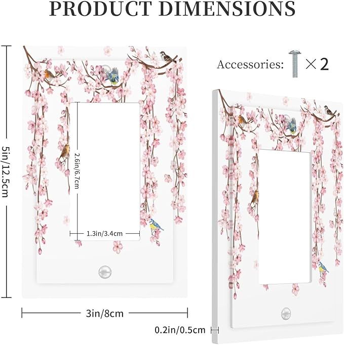 Pink Cherry Blossom Flower Vine Floral Tree Branch Birds Decorative Outlet Covers 1 Gang Single Rocker Light Switch Cover Plate Wall Plates GFCI Faceplate for Bedroom Living Room Decor
