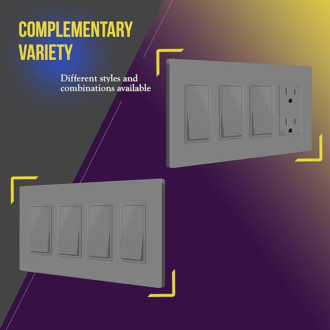 ENERLITES Screwless Decorator Wall Plate Child Safe Outlet Cover, Gloss Finish, Size 4-Gang 4.68" H x 8.30" L, Unbreakable Polycarbonate Thermoplastic, SI8834-GY, Grey, Gray