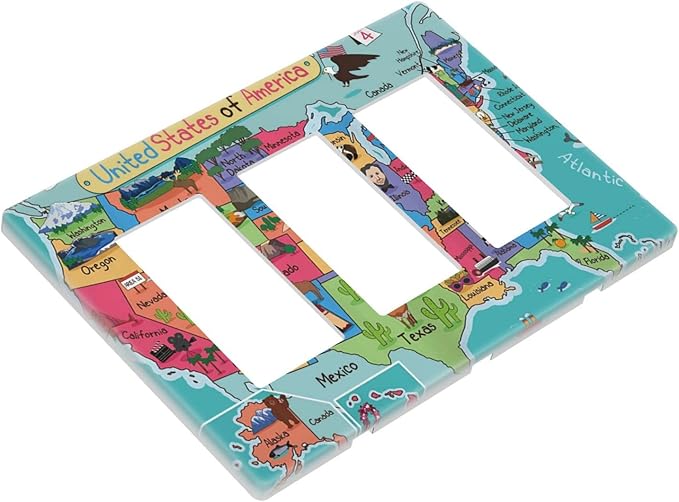 American Map 3 Gang Triple Rocker/Decor Light Switch Wall Plate Cover Decorative Electrical Faceplate for Kids Living Room Bedroom Decor Screwless 6.57" x 4.65