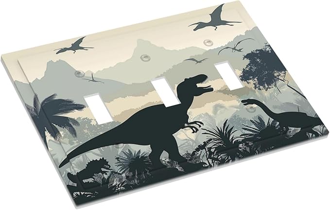 Decorative Switch Plates Prehistoric World Dinosaur Cartoon Fores 3 Gang Wall Plate Triple Toggle Light Switch Cover Faceplate Electrical Wall Panels for Kids Room Nursery Decor
