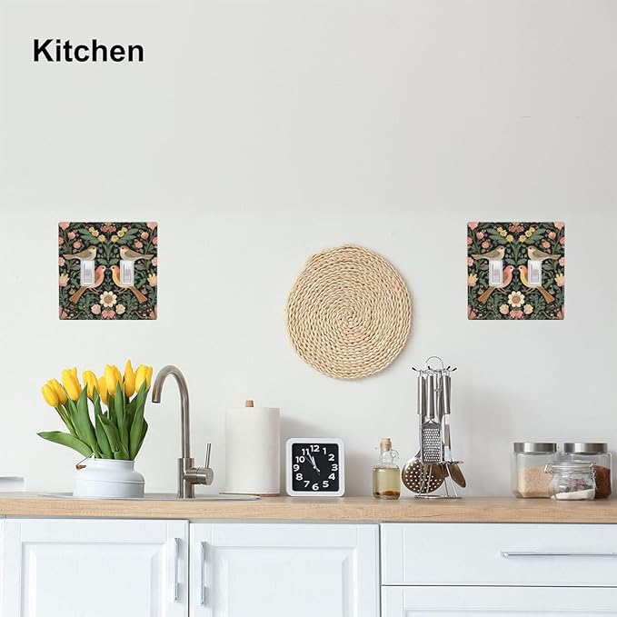 Vintage Bird Floral 2-Gang Double Toggle Switch Plate, Dark Green Bird Flower Wall Plate for Home, Bedroom, Sunroom & Bathroom