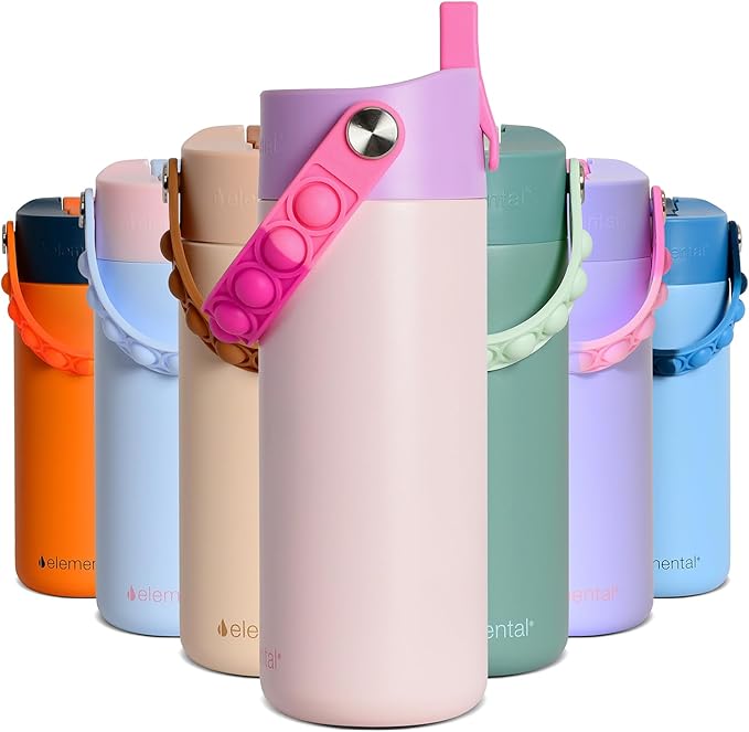 Elemental Insulated Kids Water Bottle, Stainless Steel Water Bottle with Straw Lid & Pop-It Handle, Leak-Proof Water Bottles for School, Boys or Girls, Travelling and Sports, 18oz - Pink Tie Dye