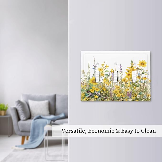 Wildflowers Sunflower Lavender Daisy Floral Decorative Switch Plates 3 Gang Wall Plate Triple Toggle Light Switch Cover Faceplate Electrical Wall Panels for Bedroom Living Room Decor