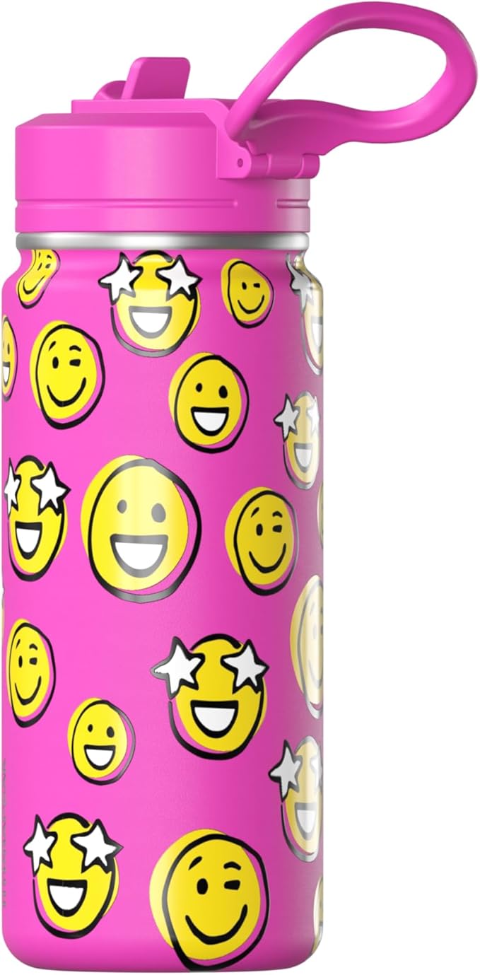 Hydrapeak Mini 20oz Fun Sticker Print Water Bottle with Straw Lid, Stainless Steel Double Wall Insulated Water Bottle, Leak-Proof and Spill-Proof Water Bottle, Smile Fuchsia