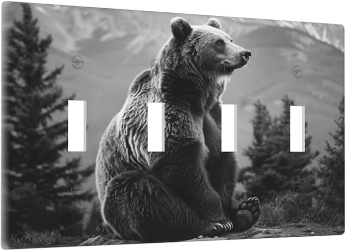 Light Switch Cover Plate Black White Bear Mountain Pine Trees Wilderness 4 Gang Quad Toggle Decorative Switch Plates Electrical Wall Plates Faceplate for Bathroom Bedroom Decor