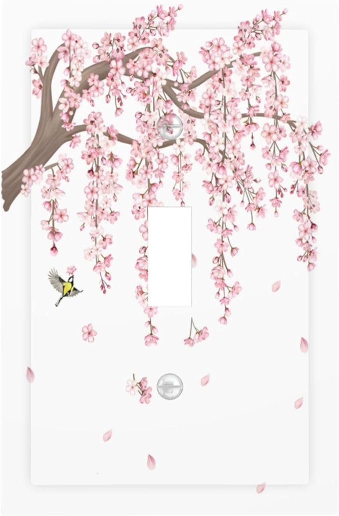 Pink Flower Tree Branch Cherry Blossom Tree Floral Birds Decorative Light Switch Cover 1 Gang Single Toggle Device Electrical Faceplate Switchplates Decorator Outlet Wall Plate for Bedroom Living Room