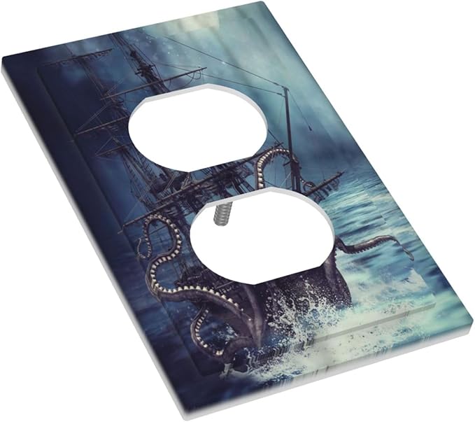 Octopus Ocean Kraken Nautical Pirate Ship 1 Gang Outlet Plate Decorative Single Duplex Wall Plate Covers Unique Electrical Receptacle Light Switch Cover Art Faceplate Switchplate for Bathroom Decor