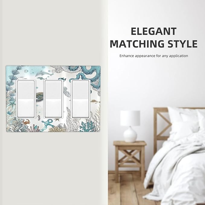 Sea Turtle Octopus Ocean Underwater Animal 3 Gang Rocker Light Switch Covers Decorative Unique Triple Outlet Wall Plate Cover Faceplate Decorative Switchplate GFCI for Bedroom Bathroom Decor