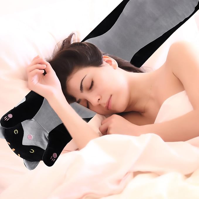 shangman Lovely Plush Cat Doll - Cute Cartoon Soft Stuffed Kitten Pillow, Long Throw Sleeping Pillow, Valentine’s Day Gift for Kids & Girlfriend (Black, 50cm/19.6in)