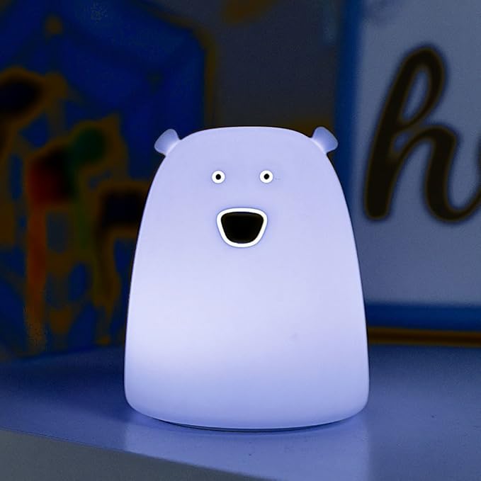 Portable Silicone LED Cartoon Night Light for Kids USB Rechargeable, Warm/White Light, 7-Color Changeable Light, Cute Children Night Lamp for Baby, Bedroom and Nursery (Bear)