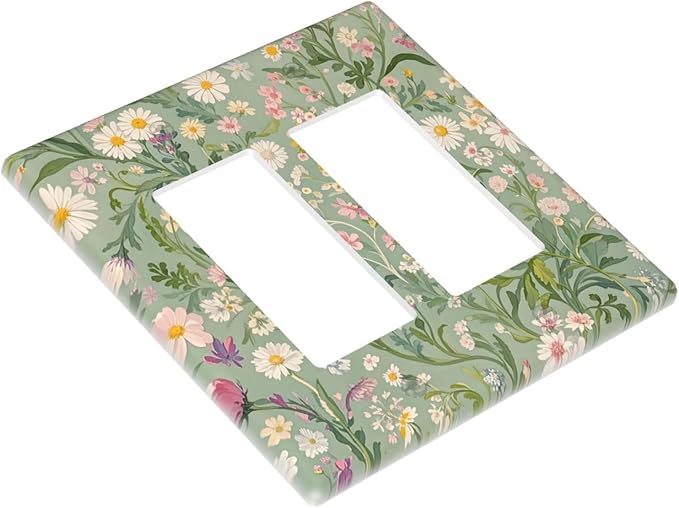 Decorative Outlet Covers with Vintage Wildflowers & Daisies on Light Green Background Design 2 Gang Wall Plate Double Rocker Light Switch Cover Switch Plate Cover