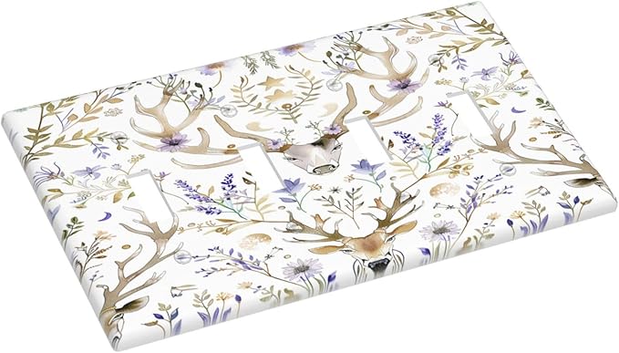 Light Switch Covers Gothic Retro Floral Damask Elk Wild Flower Quad Toggle Electrical Faceplate 4 Gang Wall Plate Decorative Switch Plates For Bed Room Living Room Decor