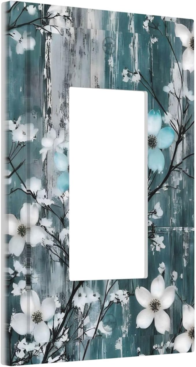 Rustic Blue Watercolor Flower Wooden Background Decorative Outlet Covers 1 Gang Single Rocker Light Switch Cover Plate Wall Plates GFCI Faceplate for Bedroom Living Room Decor