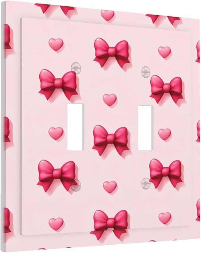 Pink Bow & Heart Double Toggle Switch Cover - 2-Gang Standard US Size Preppy Coquette Light Switch Covers, Sweetheart Girly Pattern for Girls Room