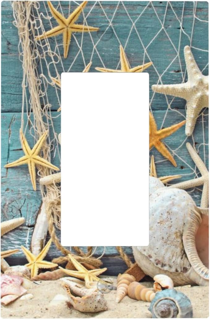 Rustic Coastal Seashell Single Rocker Switch Cover - 1-Gang Standard US Size Fisherman's Catch Beach Scene Light Switch Covers for Bathroom Decor