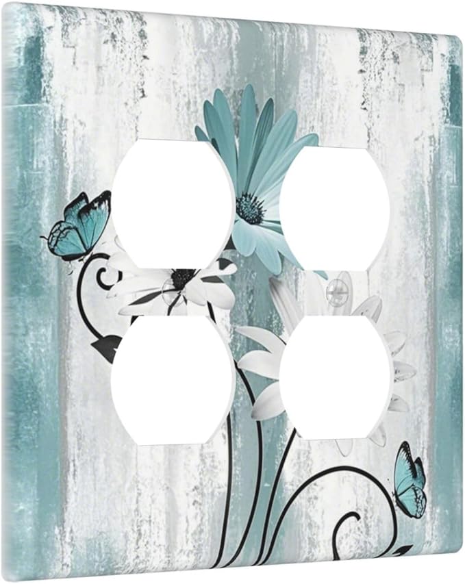 Decorative Light Switch Cover Plate Teal Daisy Floral Butterfly Vintage Wood 2 Gang Decorative Switch Plates 1 Toggle Duplex Combo Outlet Covers GFCI Plug Covers Wallplates for Bathroom Bedroom Decor