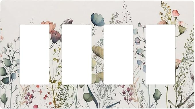 Beige Wild Flower Floral Blossom 4 Gang Quad Rocker Light Switch Cover Decorative Quadruple Device GFCI/Decorator Wall Plate Electric Faceplate Screwless