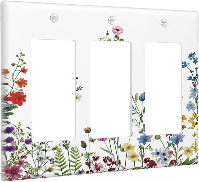 Decorative Light Switch Cover Plate Colorful Wildflowers Plants Flowers on White Background 3 Gang Switch Plate Covers Triple Rocker Wall Plates GFCI Switch Plates and Outlet Covers for Home Decor