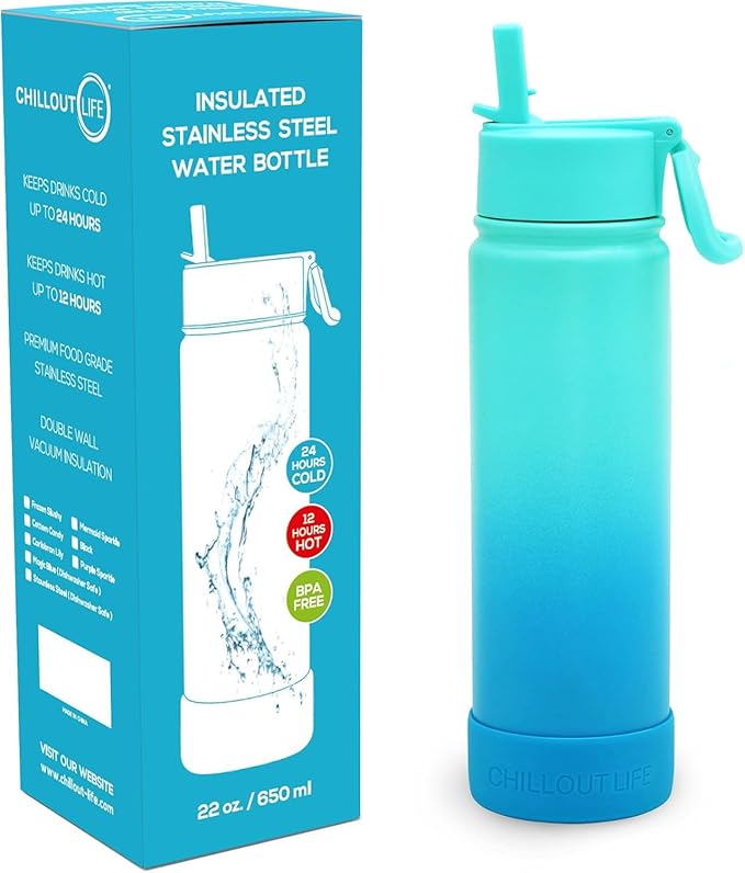 CHILLOUT LIFE 22 oz Kids Insulated Water Bottle for School with Straw Lid Leakproof and Cute Waterproof Stickers, Personalized Stainless Steel Thermos Flask Metal Water Bottle, Ocean Blue
