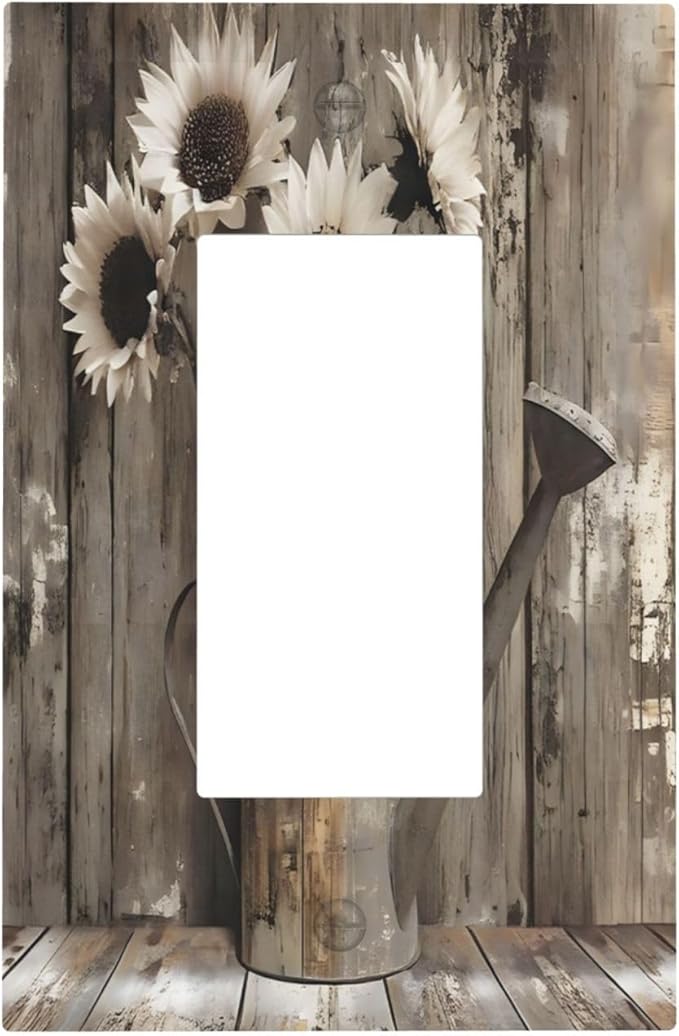 Rustic Floral Country Sunflower Daisy Old Wooden Boards Decorative Outlet Covers 1 Gang Single Rocker Light Switch Cover Plate Wall Plates GFCI Faceplate for Farmhouse Home Decor