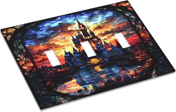 Medieval Fantasy Castle Magic Academy Decorative Switch Plates 3 Gang Wall Plate Triple Toggle Light Switch Cover Faceplate Electrical Wall Panels for Kids Room Bedroom Decor