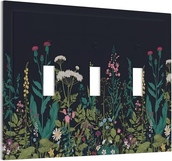 Boho Garden Flowers Weeds Floral Wildflowers Decorative Switch Plates 3 Gang Wall Plate Triple Toggle Light Switch Cover Faceplate Electrical Wall Panels for Bedroom Living Room Decor